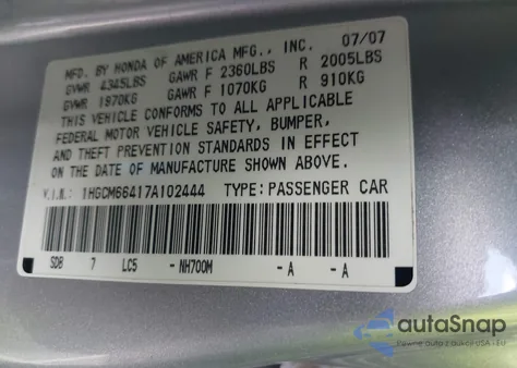 2007 Honda Accord 3.0 Se from USA, damaged, VIN 1HGCM66417A102444